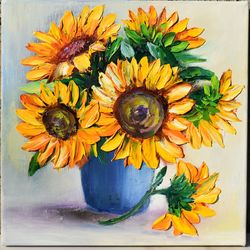 sunflowers in a blue vase, sunny still life, oil painting for interior