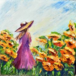 girl in sunflowers landscape with sunflowers oil painting