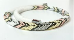 bead crochet necklace - white, yellow, grey and pink handmade necklace