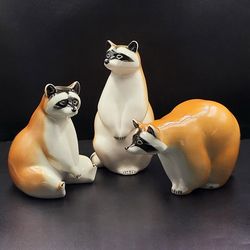 vintage raccoons porcelain figurines set 3 pcs ussr 1970s