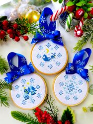 set of 3 blue snowflake christmas ornaments cross stitch patterns pdf by crossstitchingforfun instant download