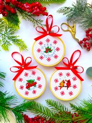 set of 3 red snowflake christmas ornaments cross stitch patterns pdf by crossstitchingforfun instant download