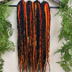 bohemian set of synthetic textured de dreadlocks and de braids with curls black ginger colors, dreadlock extensions