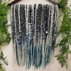 bohemian set of synthetic textured de dreadlocks and de curls gray blue colors, dreadlock extensions