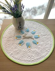 round quilted table topper, easter bunny centrepiece, white table mat, circular table quilt, spring gift for mom