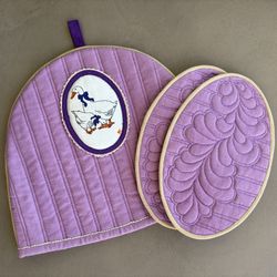 linen quilted tea cosy, lilac teapot cover, set of teapot warmer and two mug rugs, provence style tea time accessories