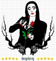 morticia cutting rose, halloween svg, rose svg