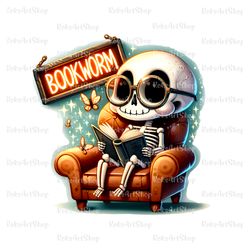 funny bookworm png illustration, sarcastic skeleton t-shirt design, snarky skeleton sublimation design