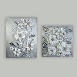 two white pearl flower textured artwork poppies and lilies | silver sparkling original painting floral art with crystals