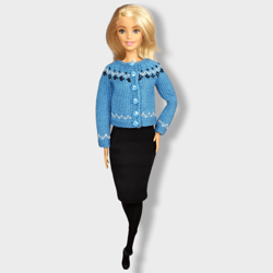 light blue with black jacquard cardigan for barbie doll