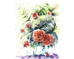 roses flowers colorful painting watercolor light flowers sketch nature brightly artwork wall art original floral picture