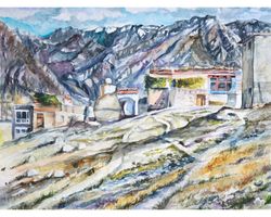 tibet nepal travel colorful painting watercolor landscape light mountains sketch nature brightly artwork wall original p