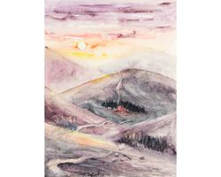 landscape mountain valley purple evening house sunset watercolor road colorful painting foggy nature brightly artwork wa