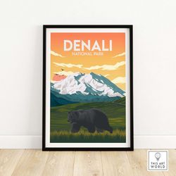 denali print | national park poster | alaska travel poster | bear art print | unframed wall art gift idea