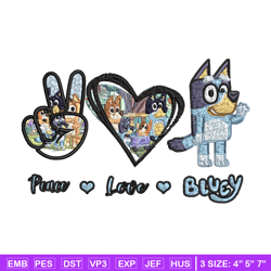 bluey peace love bandit embroidery design, bluey cartoon embroidery, cartoon design, embroidery file