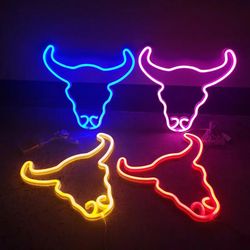 bull head led neon sign light wall hanging colorful night lamp home party decortive lighting ornament kids bedroom night