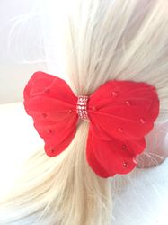 handmade red bow hair clip, red feather hair clip,  feather hair bow, feather hair accessories, red hair bow