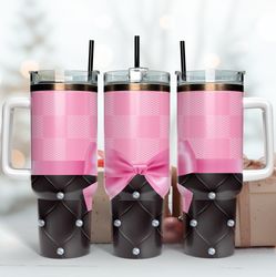 ribbon 40oz tumbler, black pink pattern tumbler, famous brand logo wrap design