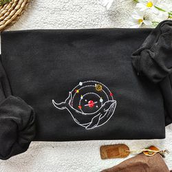 magic planets and whales embroidered sweatshirt, black embroidery planet embroidered crewneck, nature lover gift