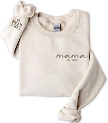 mama embroidered sweatshirt, custom mama est date shirt with kids names on sleeve, pregnancy reveal shirt gift