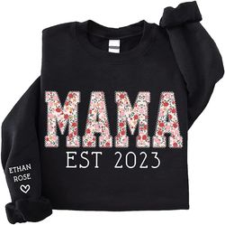 mama sweatshirt embroidered heart on kids name, mama est sweatshirt with custom pattern