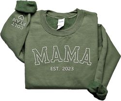 mama sweatshirt varsity letter embroidered, mothers day shirt, custom mama est shirt with kids names on sleeve