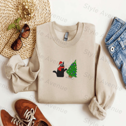 embroidered black cat christmas sweatshirt 2d crewneck sweater for christmas