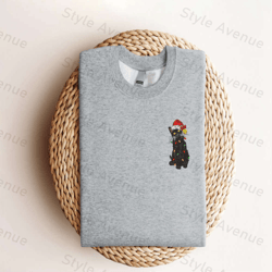 embroidered black cat santa christmas sweatshirt, 2d crewneck sweatshirt for women