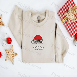 embroidered christmas sweatshirt, believe santa hat mustache sweatshirt for family