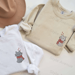 embroidered couples christmas cat sweaters, matching cat christmas sweatshirts