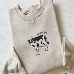 embroidered cow sweatshirt, moooody cow crewneck, embroidered cow sweater, for cow lovers