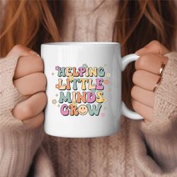 helping little minds grow retro groovy teacher coffee mug, middle school teacher gift, elementary teacher gift, cute tea