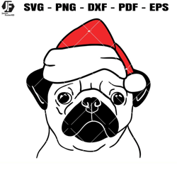 christmas pug svg, santa hat svg, christmas animal svg