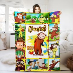 curious george blanket, personalized curious george blanket, custom name blanket, birthday gifts  b111