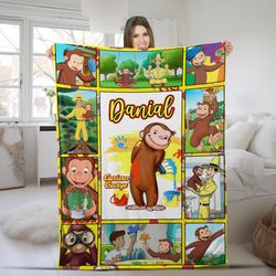 curious george blanket, personalized curious george fleece blanket, custom name blanket, birthday gifts for kids, christ