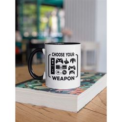 choose your weapon gamer mug, gaming console coffee cup, vintage game systems cup, funny gamer gifts, game controller mu