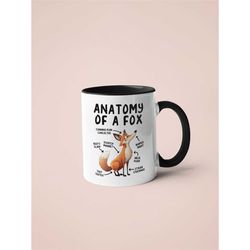 anatomy of a fox mug, funny fox gifts, red fox lover coffee cup, cute cartoon sarcastic scientific meme graphic birthday
