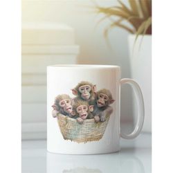 baboon mug, basket of monkeys coffee cup, baboon lover gifts, barrel of monkeys, baby baboons in a basket, cute baboons,