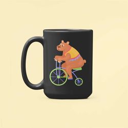 bear mug, bear riding a bike mug, funny bear gifts, cute bear cup, camping mugs, bear cycling coffee mug, bear on a bike