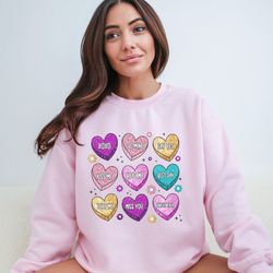 conversation hearts sweatshirt, womens valentine sweatshirt, valentines heart shirt, faux glitter sweatshirt, glitter he