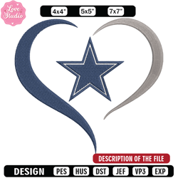 dallas cowboys heart embroidery design, cowboys embroidery, nfl embroidery, logo sport embroidery, embroidery design