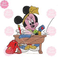 minnie mouse studying embroidery