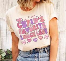 cupids favorite lunch lady shirt, groovy cafeteria valentines day tee, retro candy heart shirt, trendy school staff matc