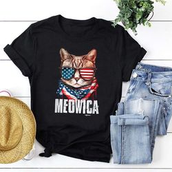 ameowica american tshirt, cat wearing us flag glasses scarf print shirt,for 4th of july independence day, cat lovers