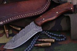 8.5" handmade damascus steel skinner knife with leather sheath