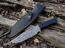10" handmade damascus steel hunting knife with leather sheath