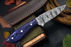 8" handmade damascus steel skinner knife with leather sheath