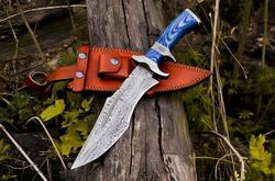 14" handmade damascus steel bowie knife with leather sheath