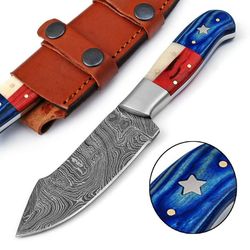 8" handmade damascus steel skinner knife with leather sheath