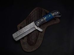 8" handmade damascus steel bull cutter knife with leather sheath